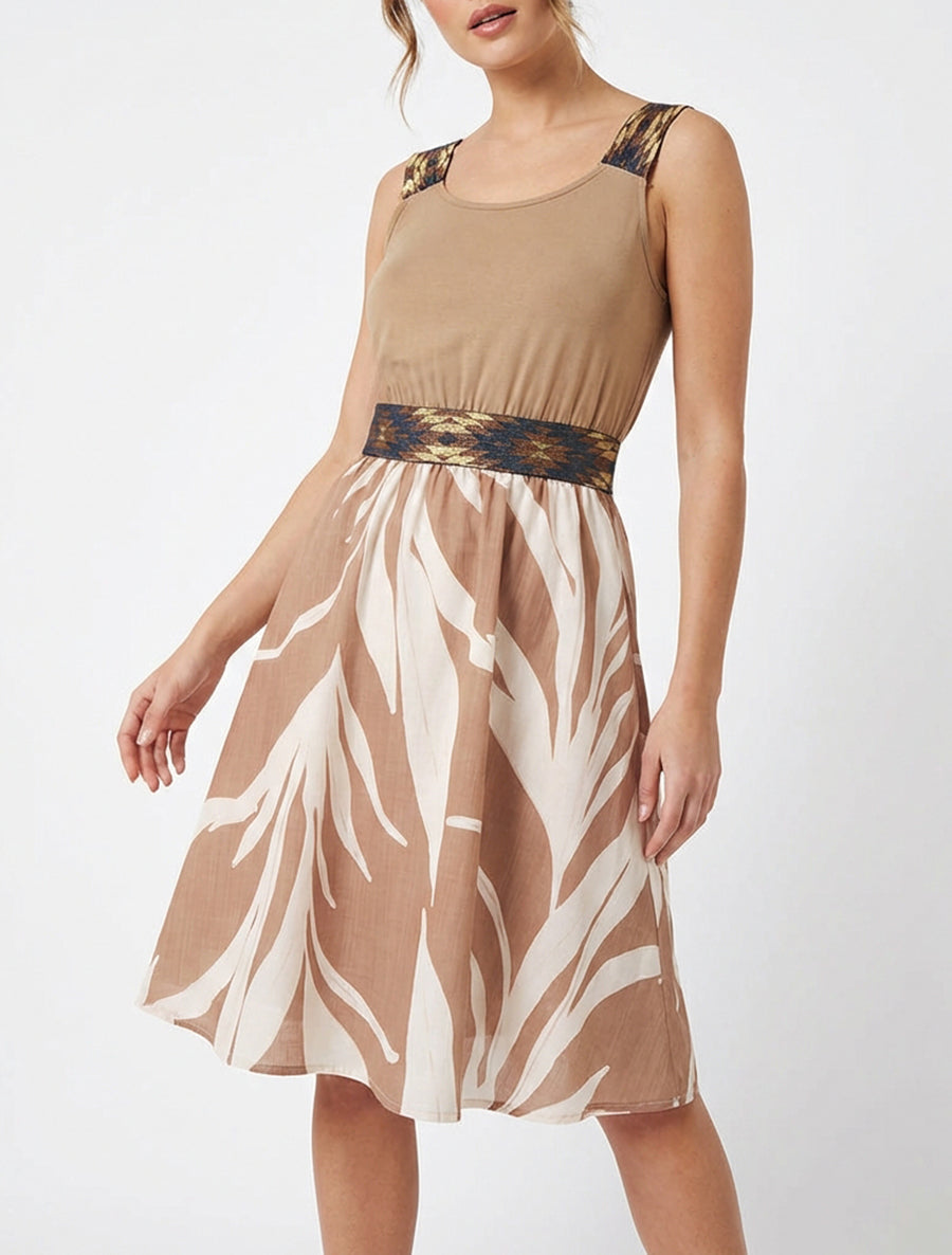 Robe fluide coupe patineuse imprimée - Camel