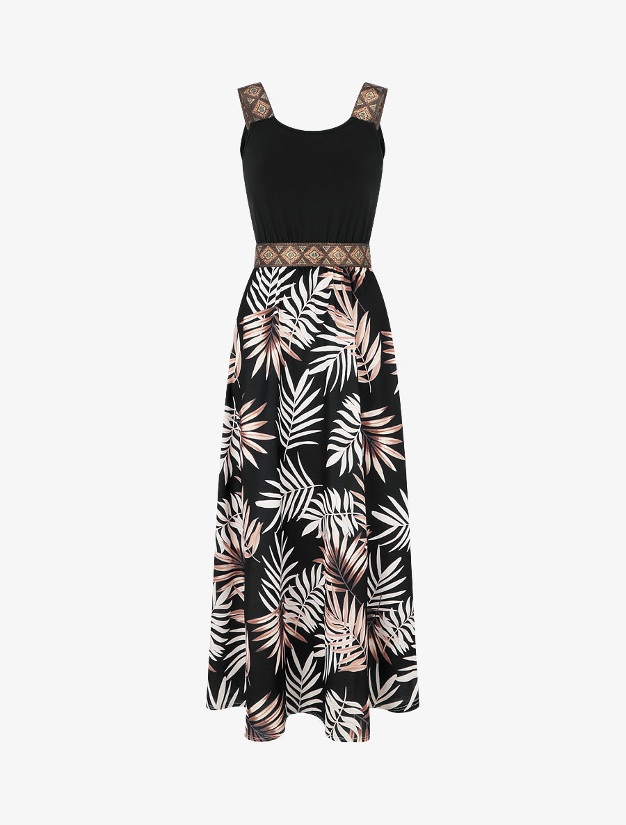 Robe imprimé feuillage à bretelles stylisées - Noir - 1