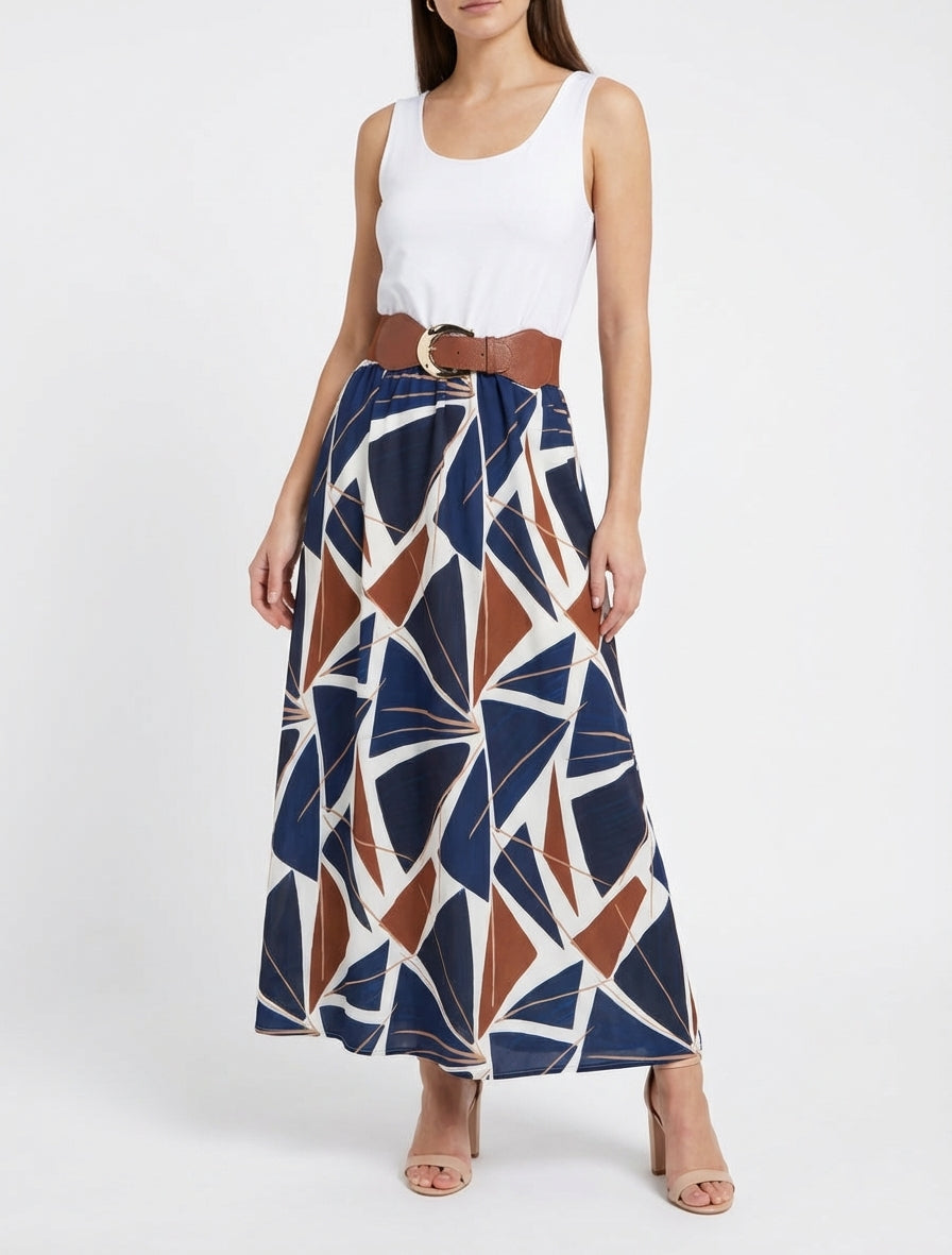 Robe longue évasée à ceinture - Marine