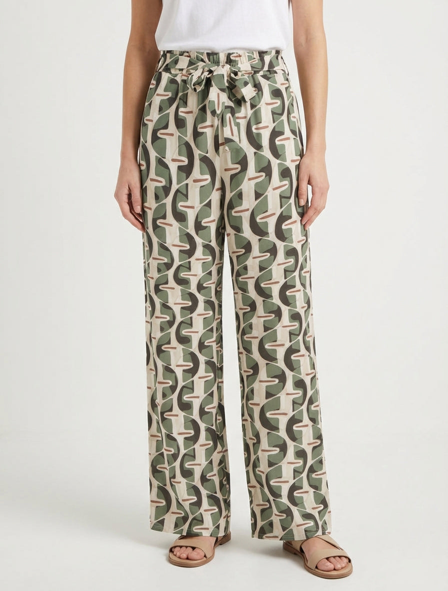 Pantalon fluide taille haute à nouer - Kaki