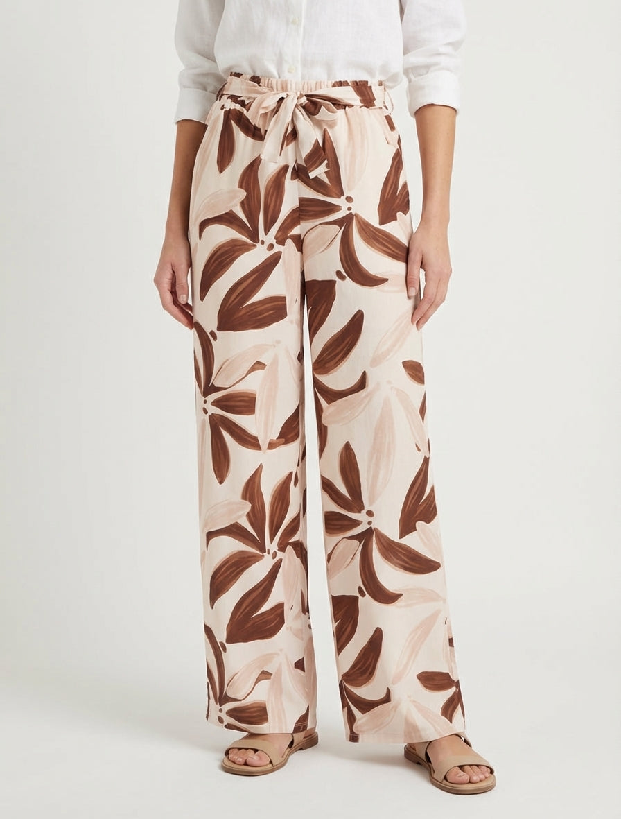Pantalon fluide à taille haute - Beige