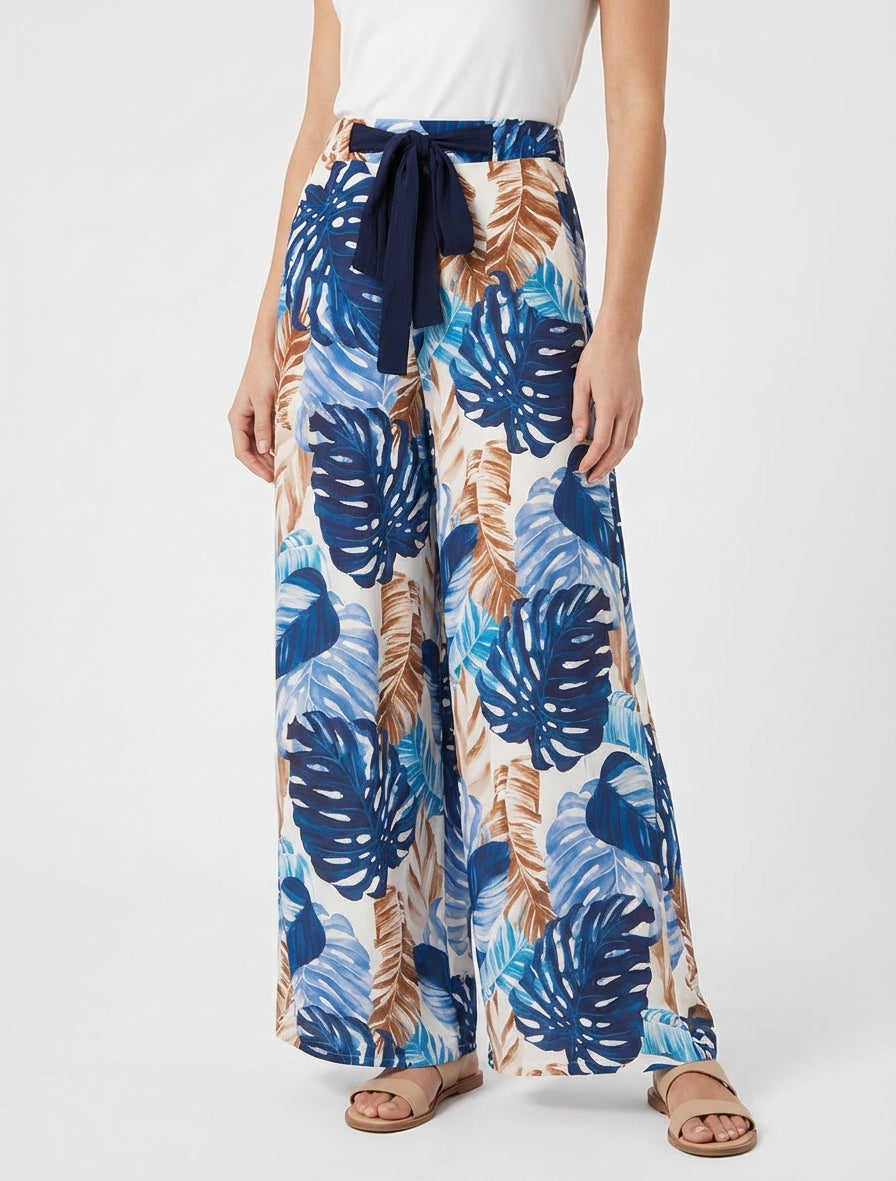 Pantalon fluide taille haute tropical - Marine