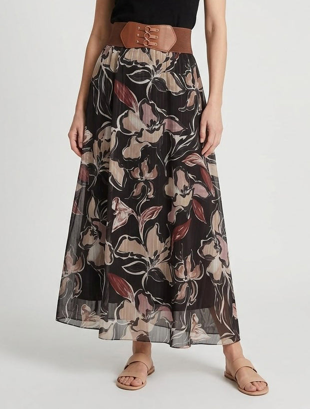 Jupe longue taille haute corset fleurie - Noir