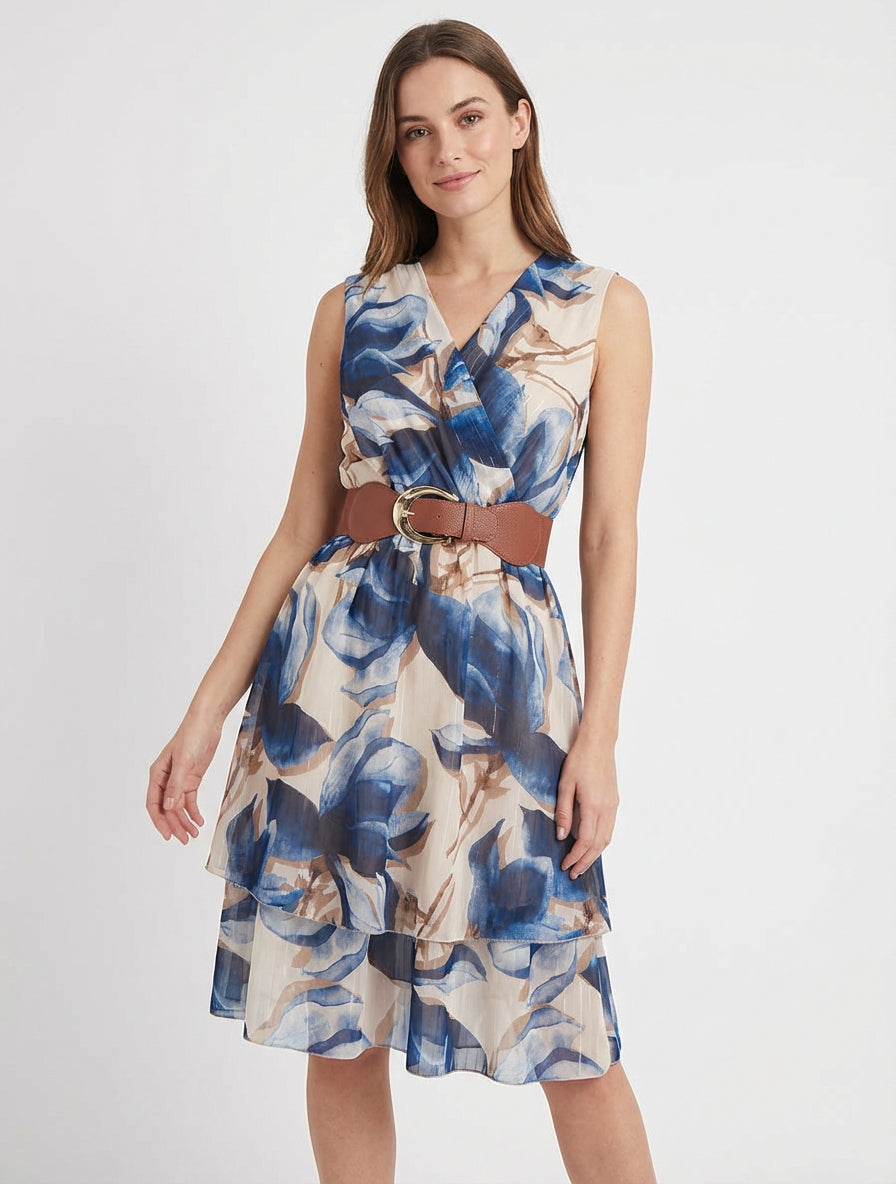 Robe patineuse col cache-cœur fleurie - Marine