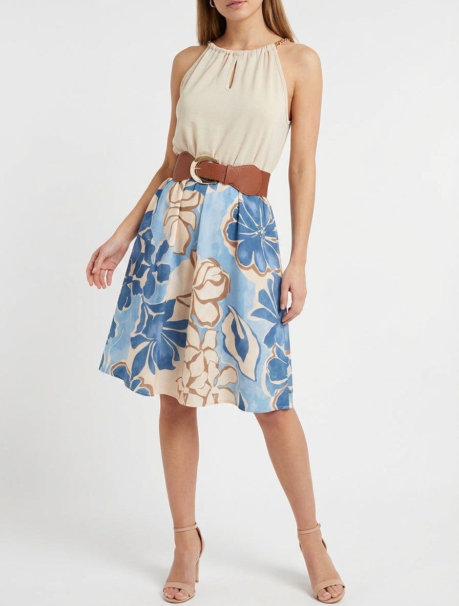Robe fluide taille élastiquée fleurie - Bleu clair