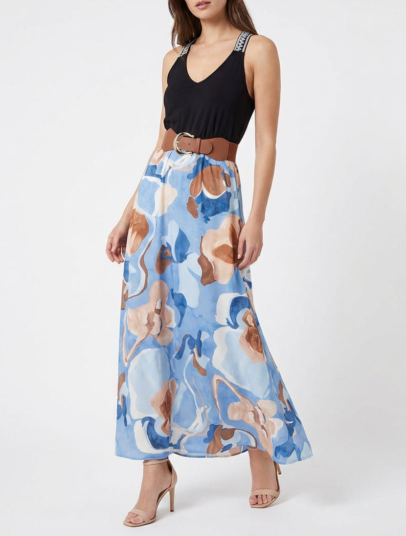 Robe longue col V ceinturée - Bleu ciel