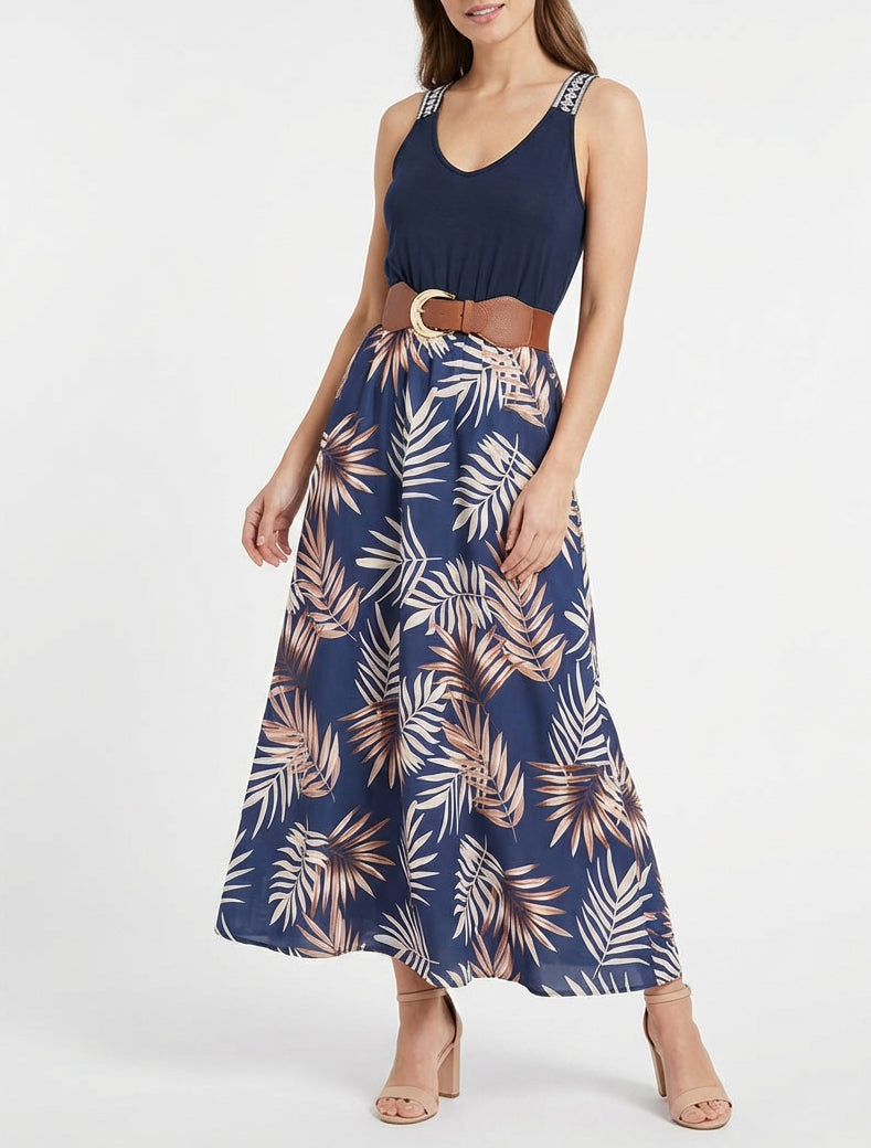 Robe longue col V bretelles brodées - Camel