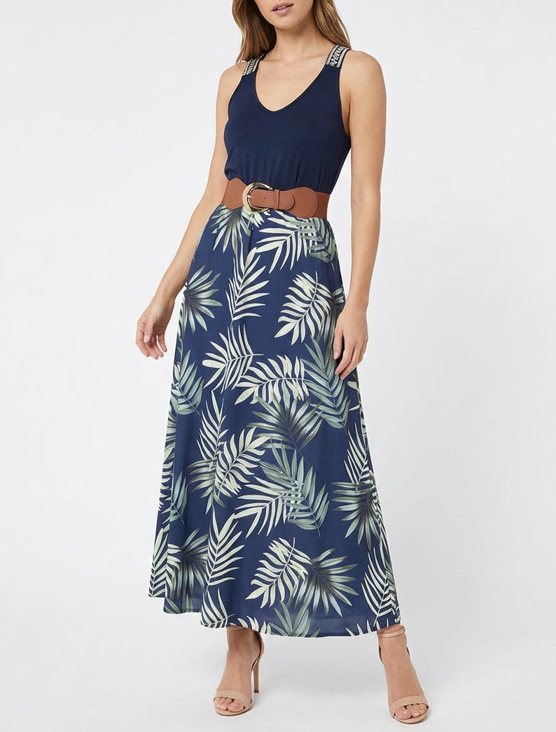 Robe longue col V bretelles brodées - Vert