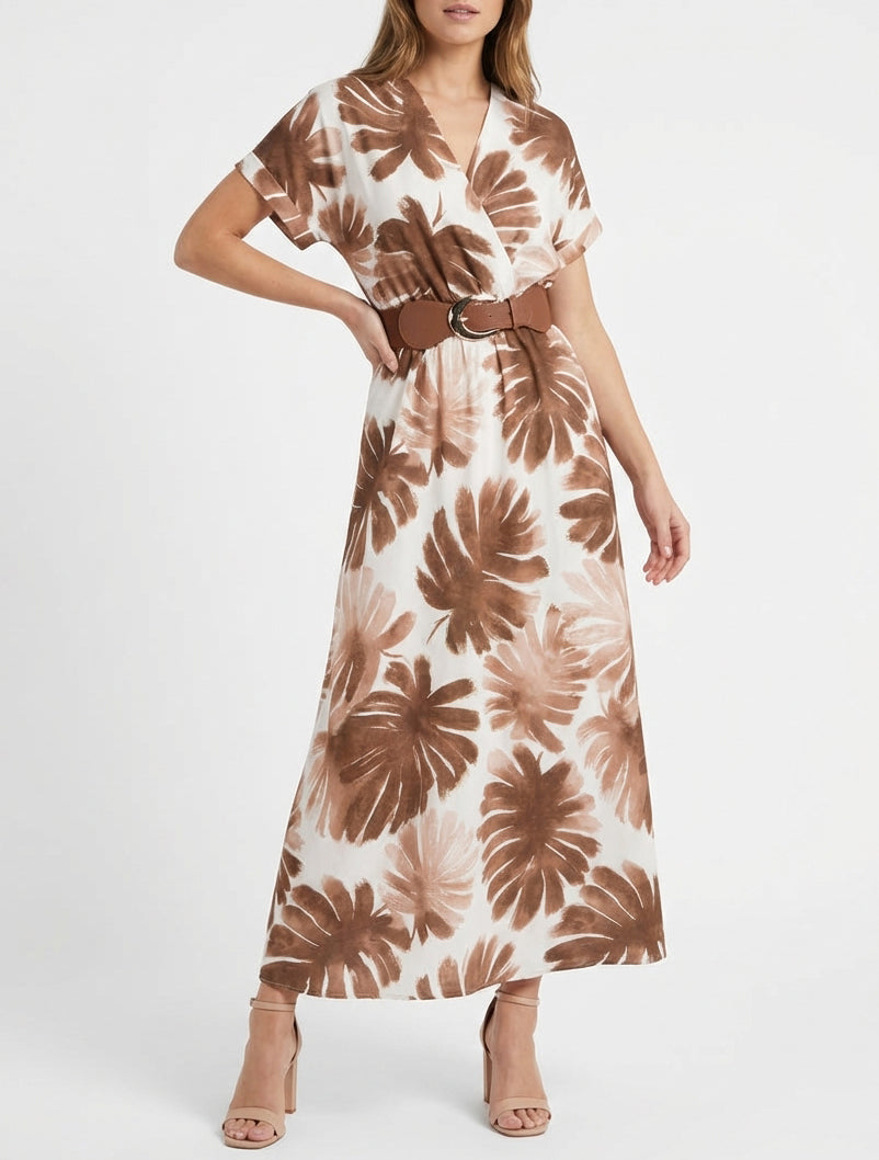 Robe longue cache-cœur à ceinture - Marron