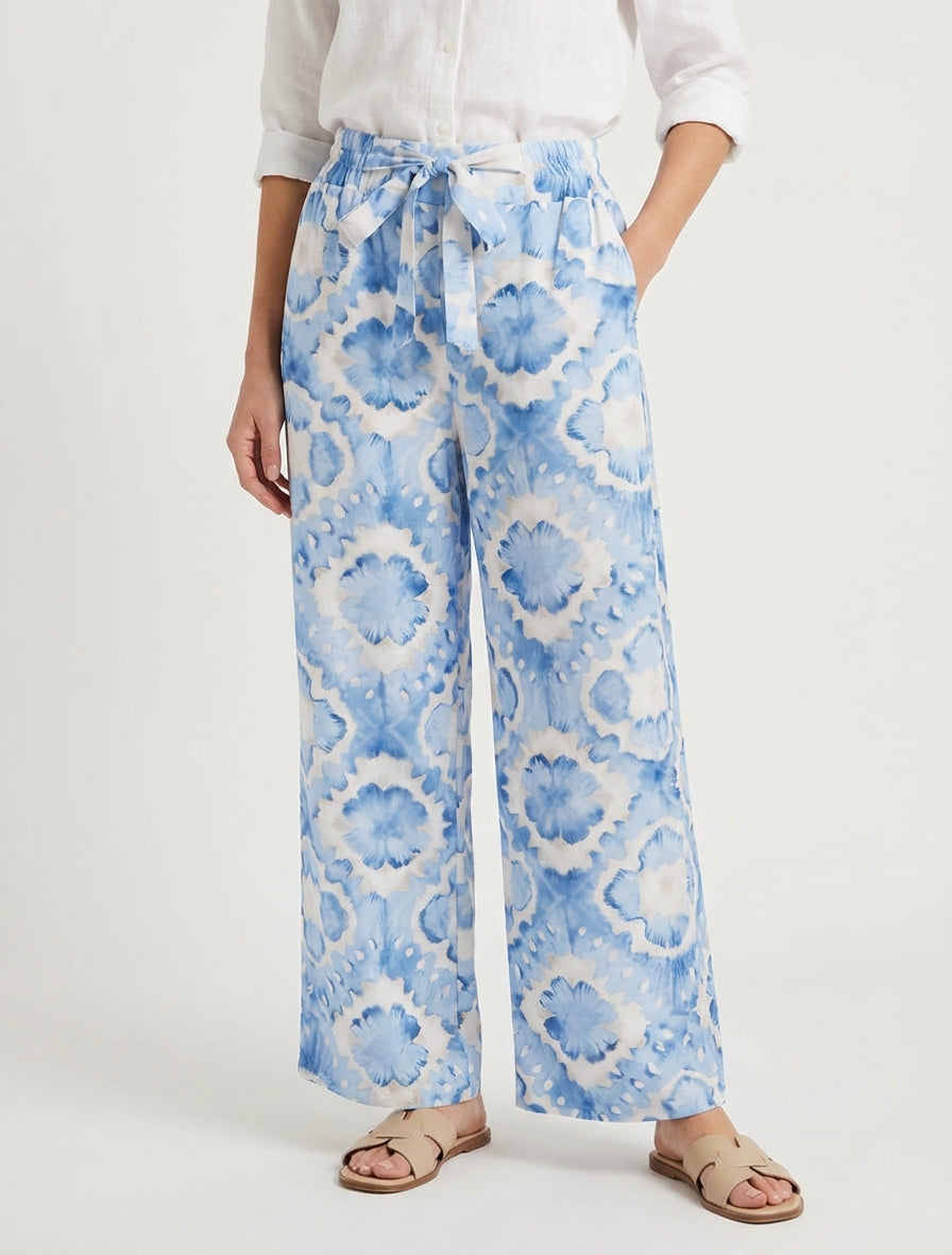 Pantalon fluide taille haute à nouer - Bleu ciel