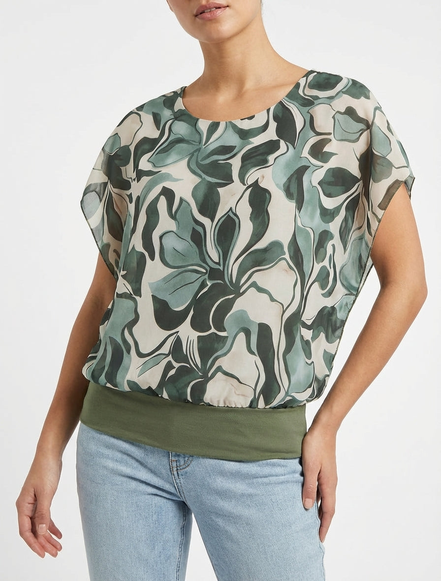 Top fluide col rond imprimé floral - Kaki