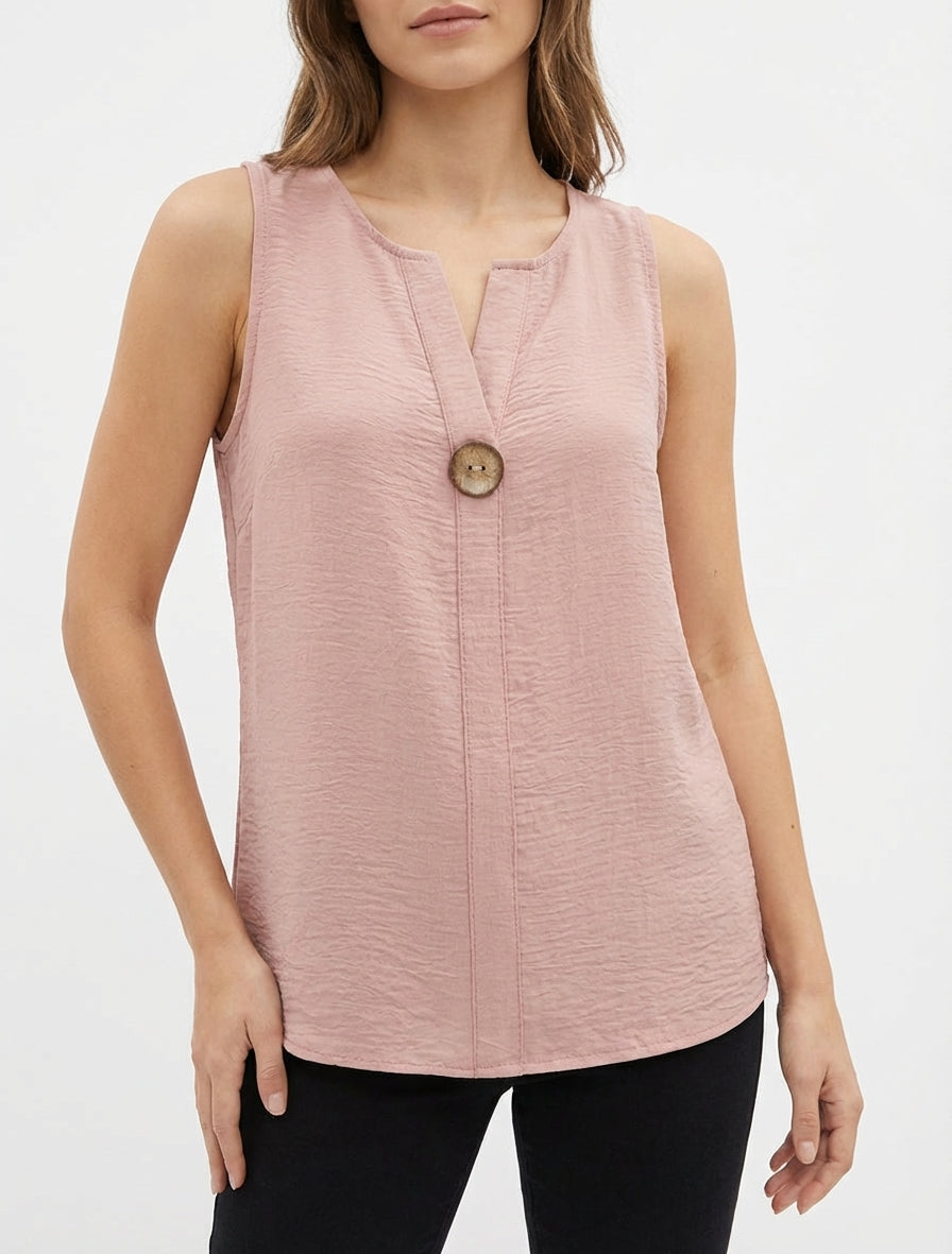 Top fluide col V à bouton - Rose