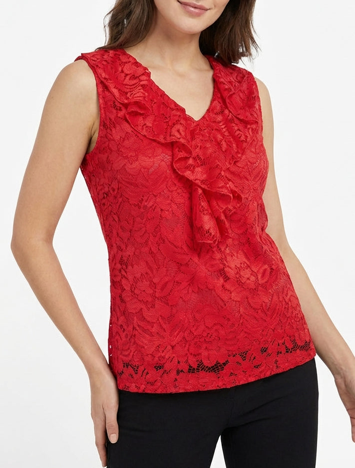 Top en dentelle col volanté - Rouge
