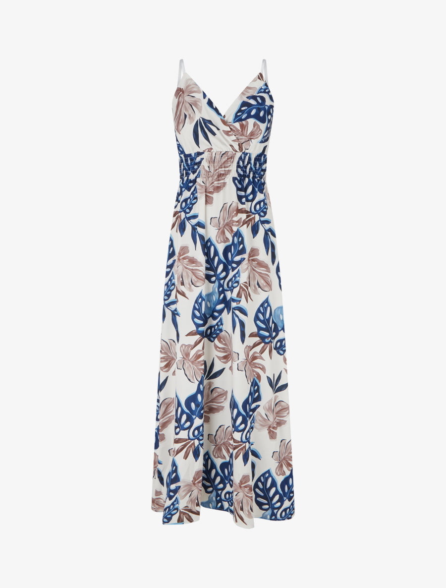 Robe longue à fines bretelles imprimé tropical - Marine - 1
