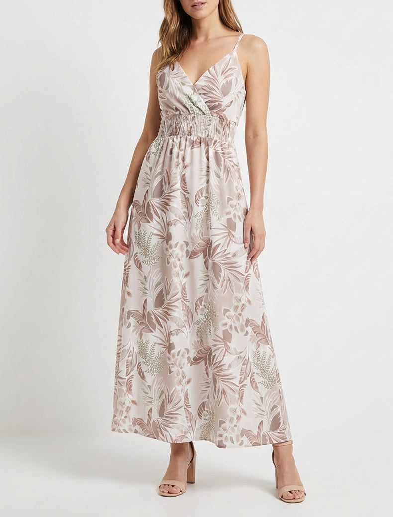 Robe longue cache-cœur imprimé feuillage - Beige