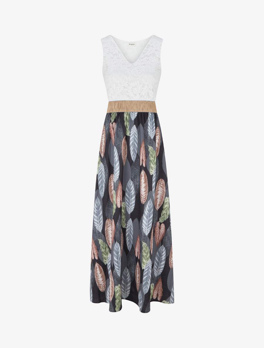 Robe longue à dentelle et imprimé feuilles - Noir - 1