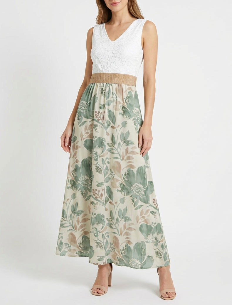 Robe longue col V à dentelle florale - Kaki clair