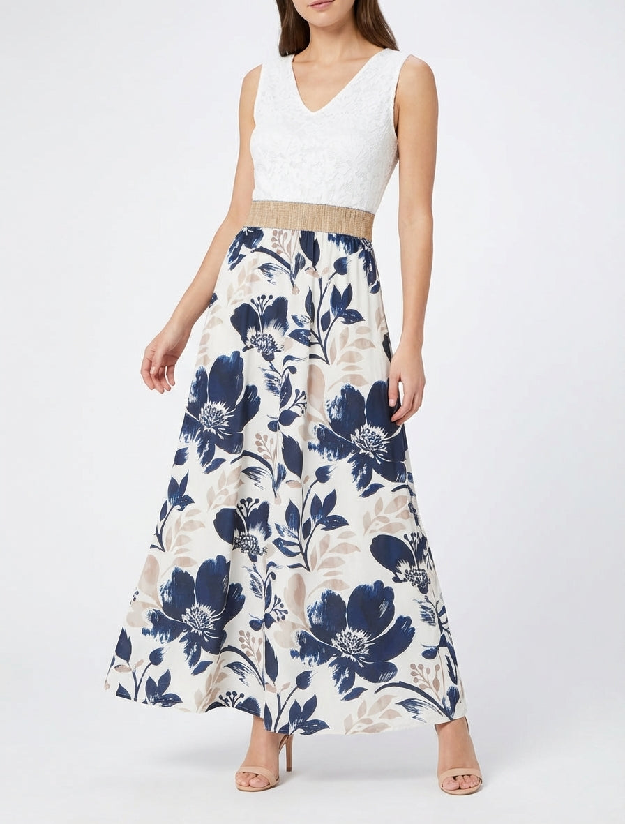 Robe longue col V imprimé floral - Marine