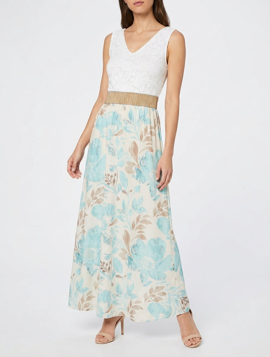 Robe longue col V à dentelle - Vert d&