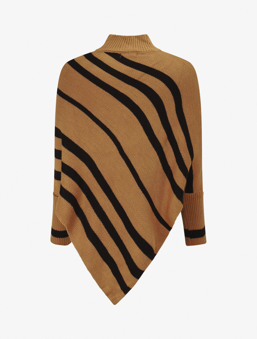 Poncho en maille rayé - Camel - 2