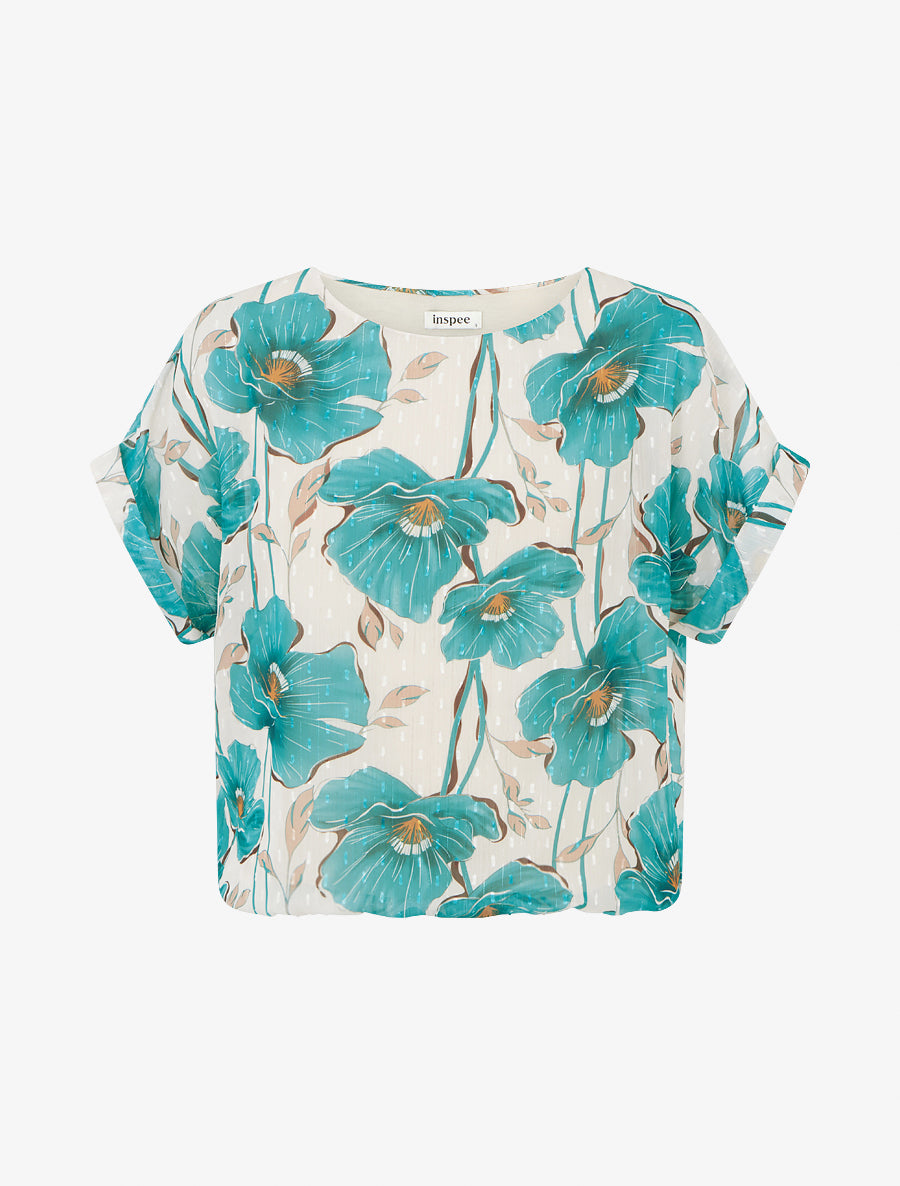 Top boule manches courtes à imprimé floral - Turquoise - 1