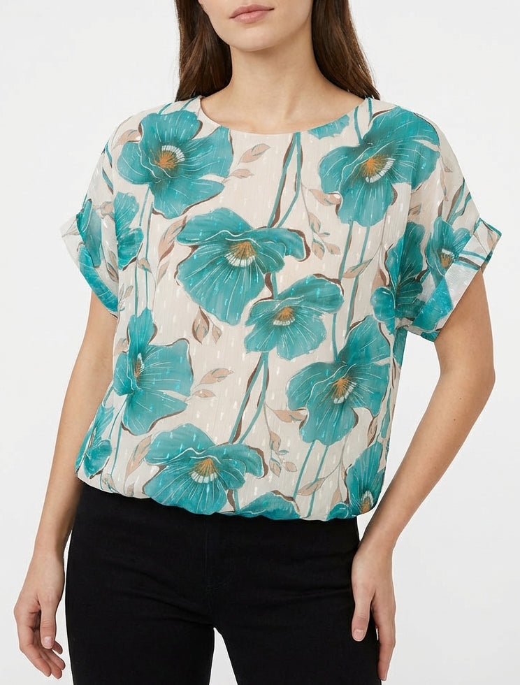 Top boule col rond liserés irisés - Turquoise