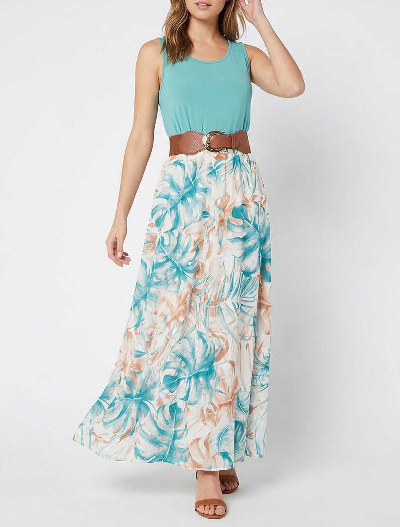 Robe longue à jupe imprimé feuillage - Turquoise