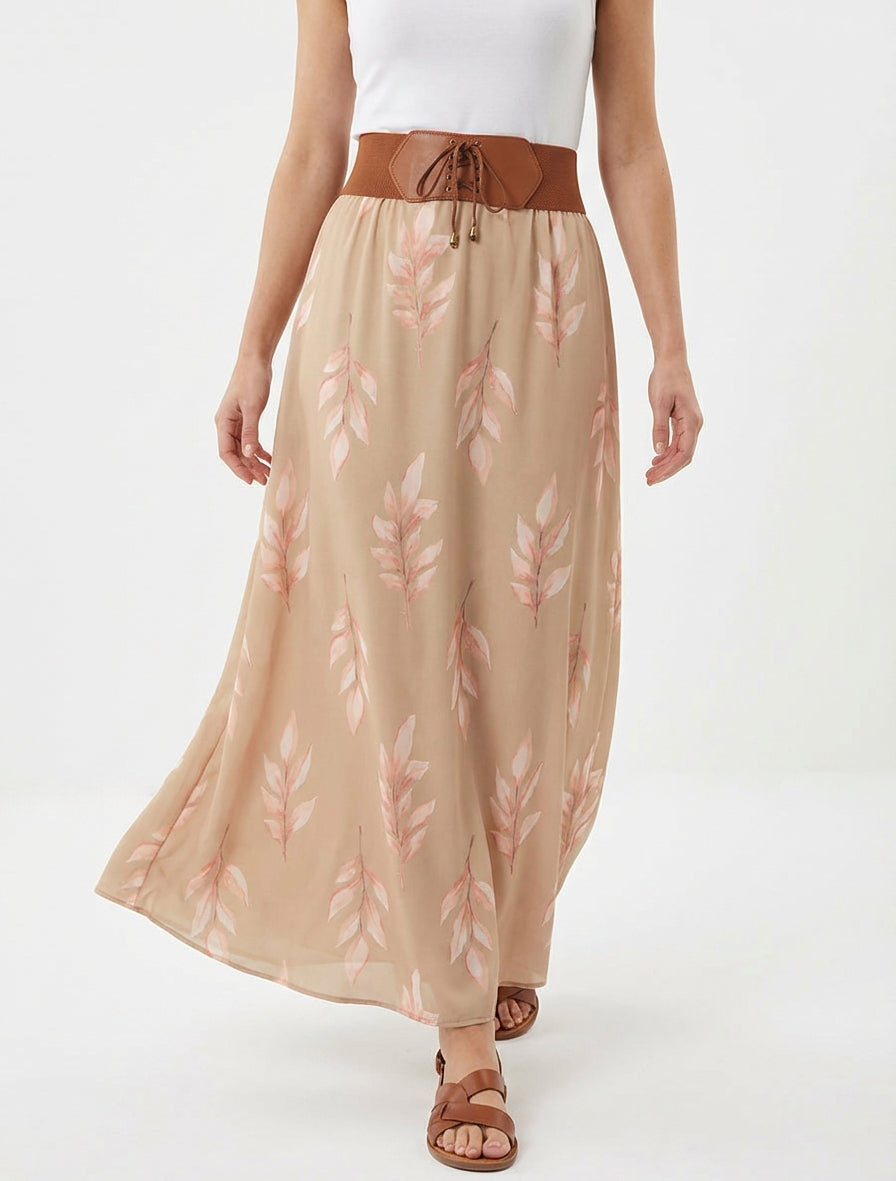 Jupe longue taille corset imprimée - Camel