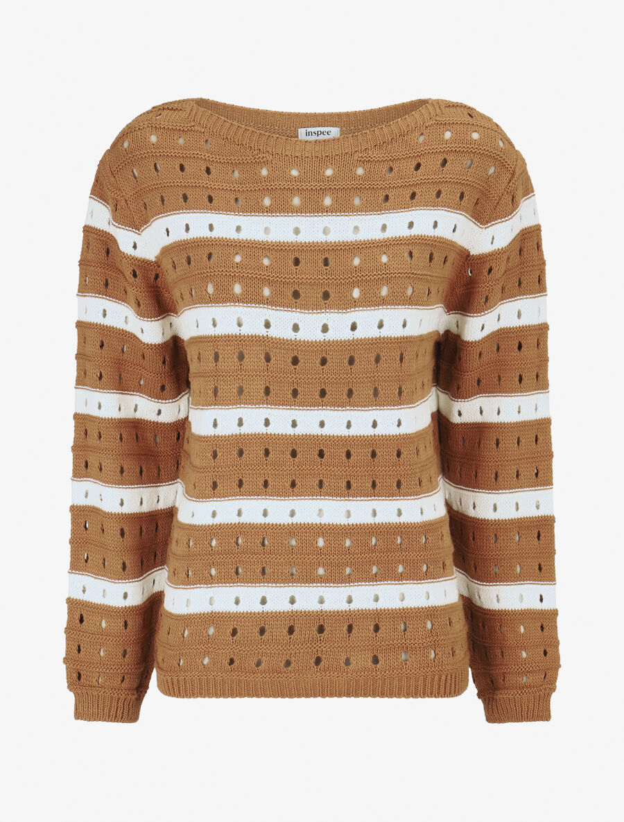 Pull en maille ajourée à rayures - Camel - 4