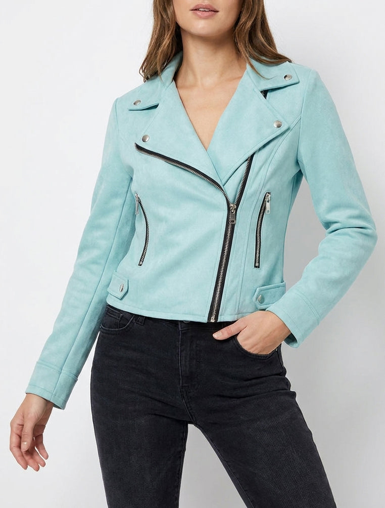 Veste en suédine col cranté - Turquoise