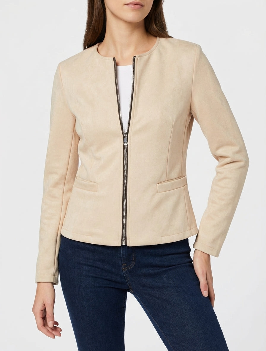 Veste en suédine col rond - Beige clair