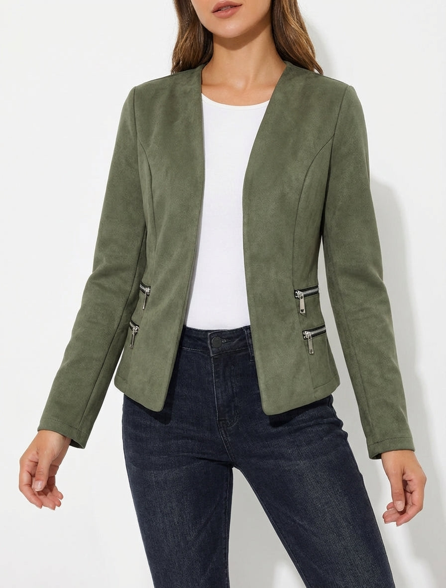 Veste droite en suédine à col droit - Kaki