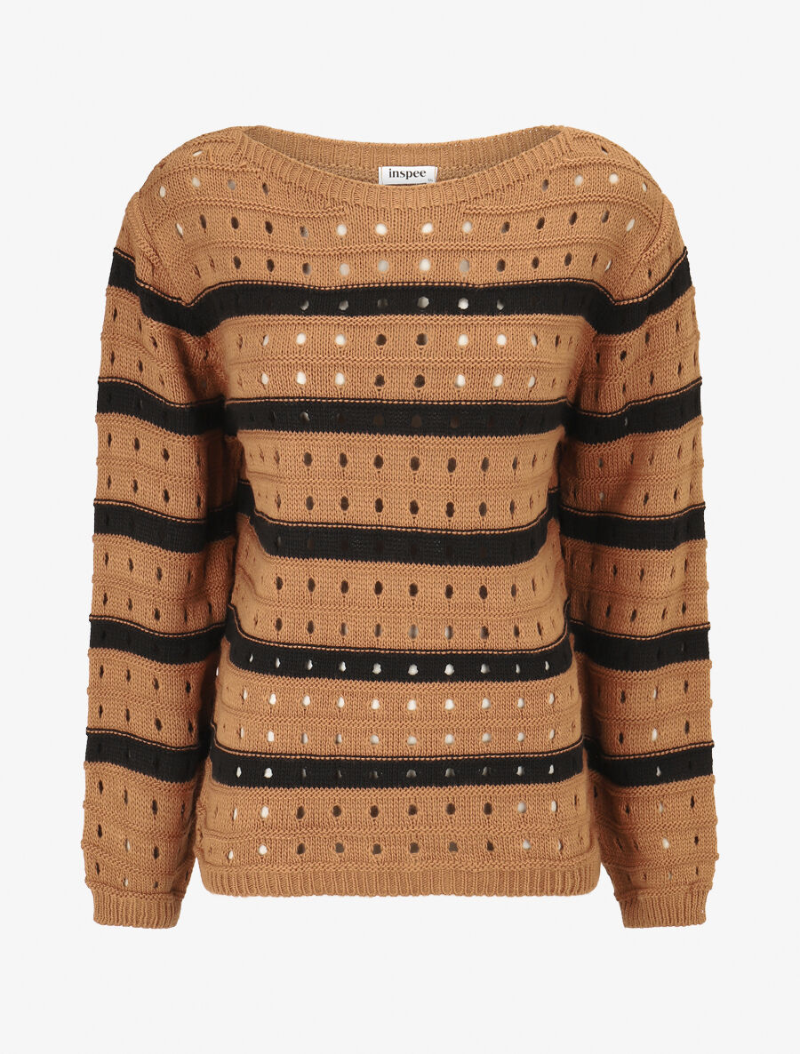Pull en maille ajourée à rayures - Camel/noir - 4