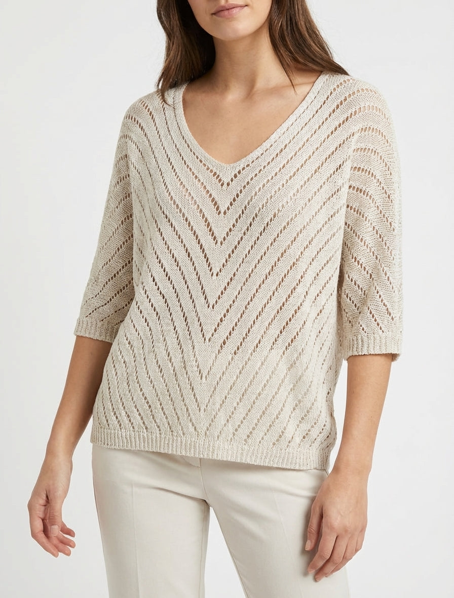 Pull en maille ajourée manches 3/4 - Beige
