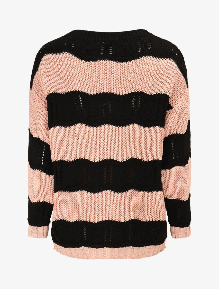Pull en maille ajourée à rayures stylisées - Rose - 2