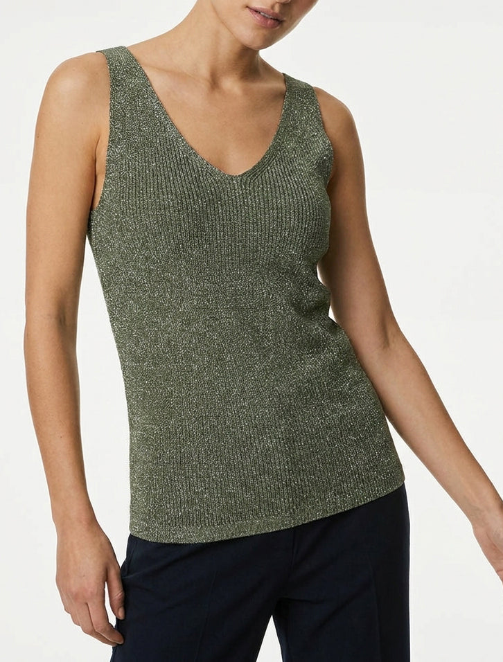 Top en maille irisée encolure V - Kaki