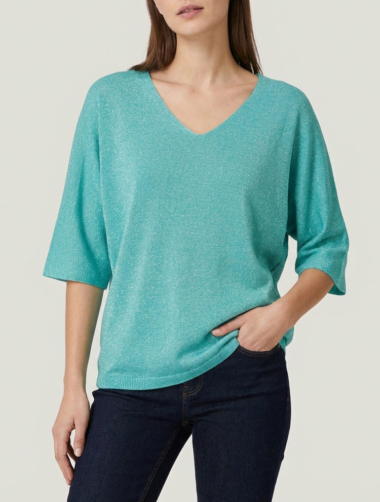 Pull fin irisé col V - Turquoise