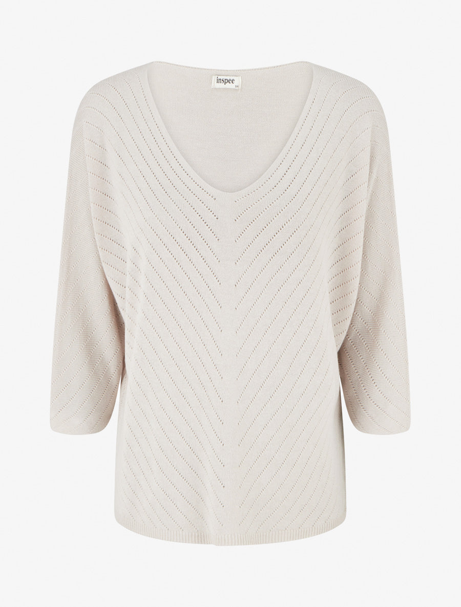Pull fin col V à lignes ajourées - Beige
