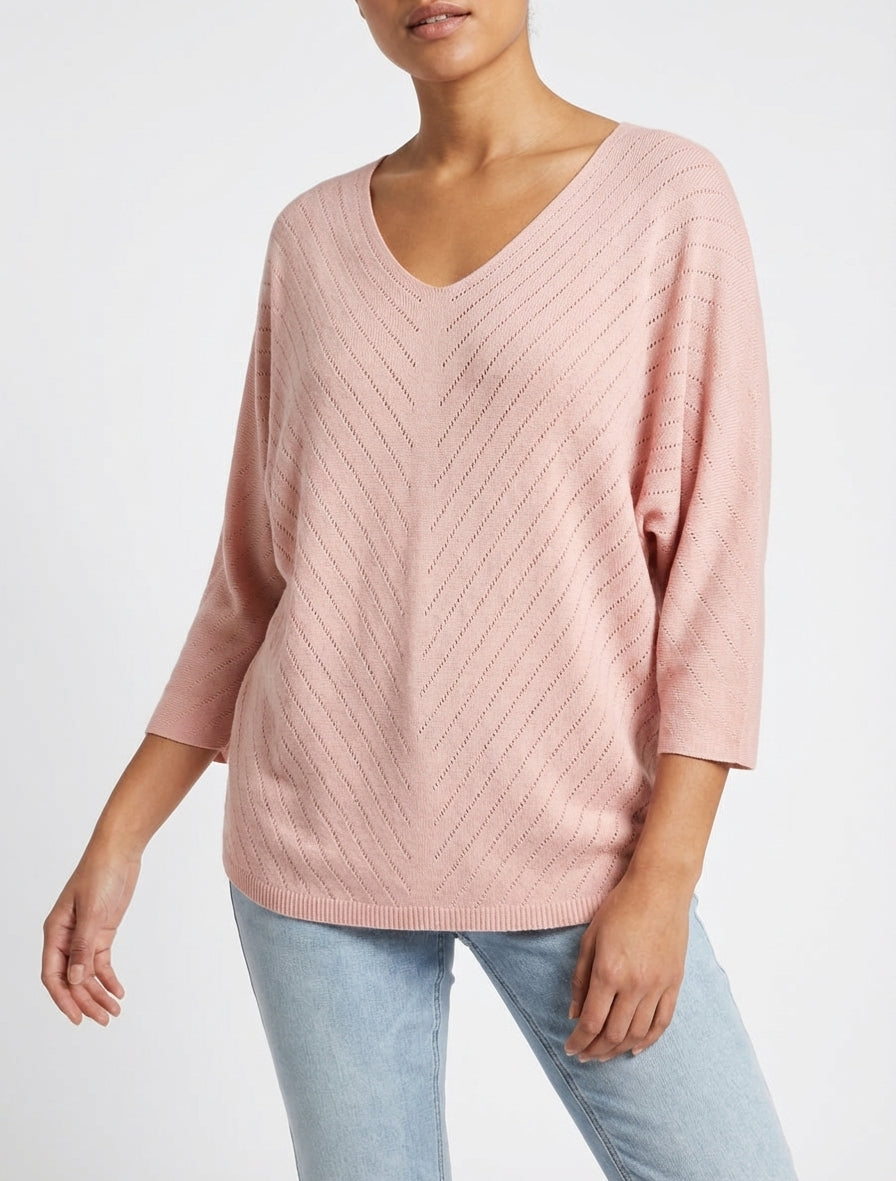 Pull fin col V à lignes ajourées - Rose