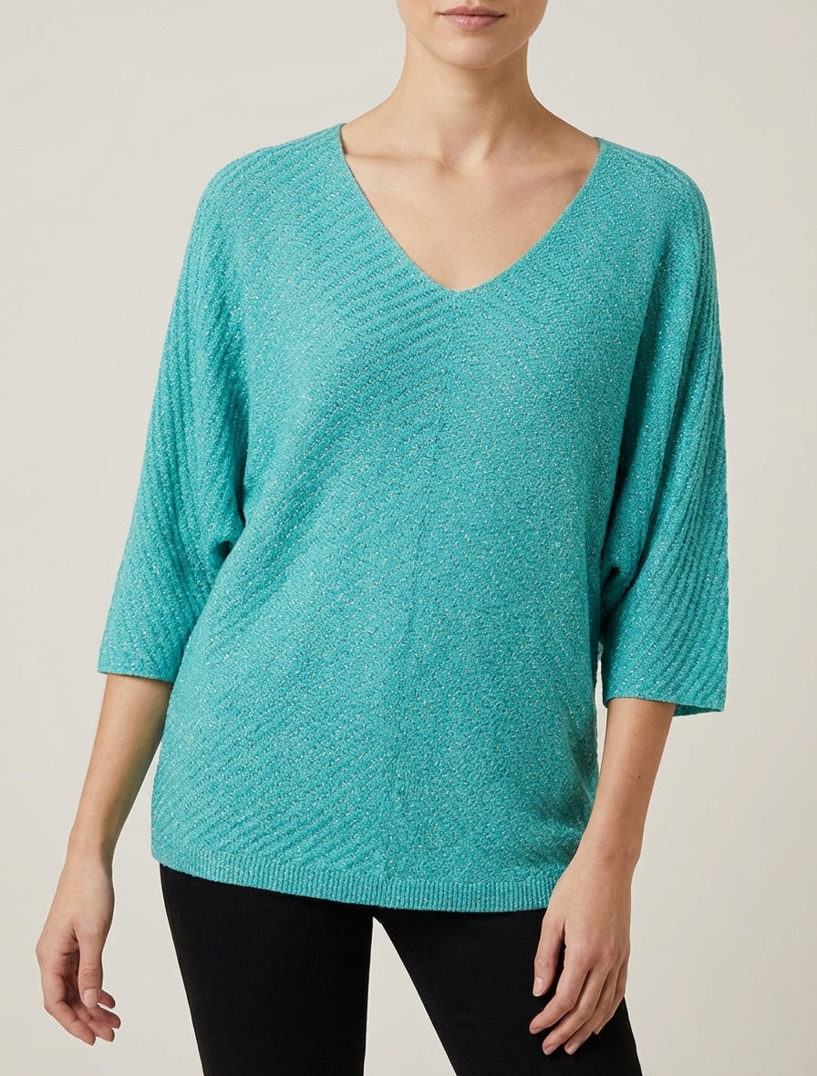 Pull irisé col V à manches chauve-souris - Vert d&