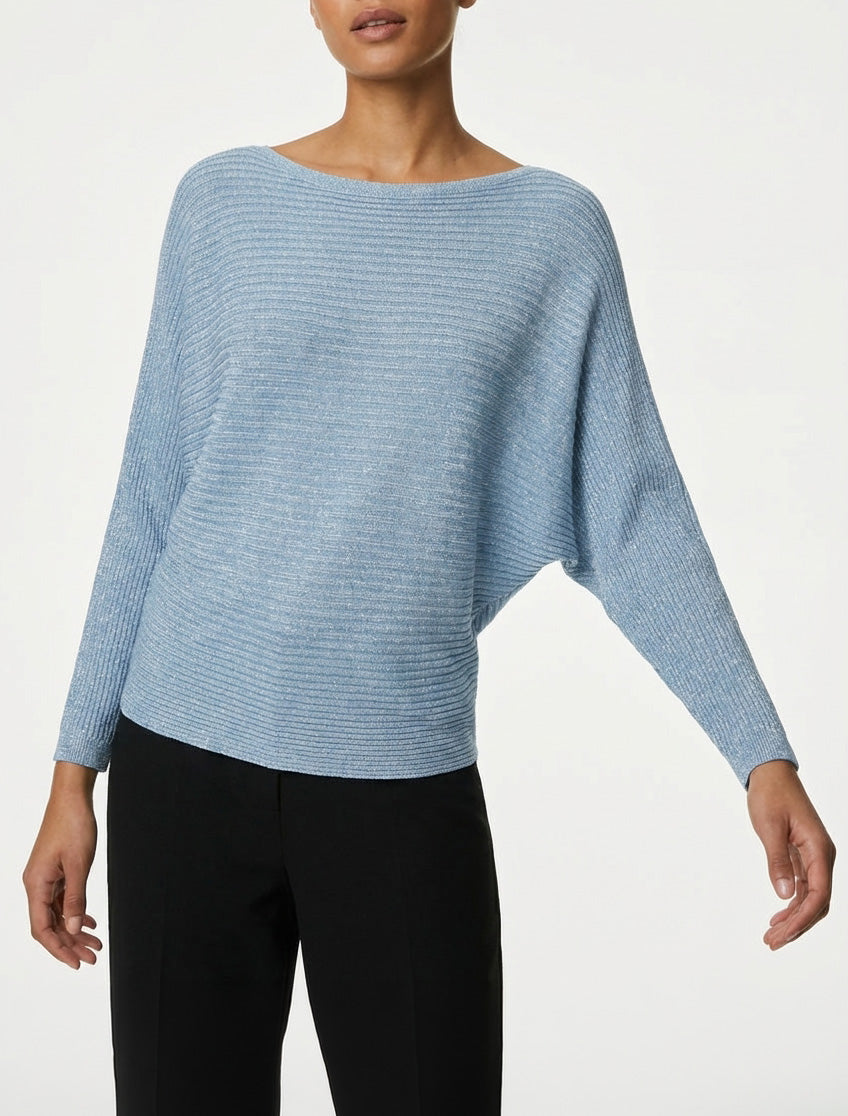 Pull irisé col bateau manches chauve-souris - Bleu ciel