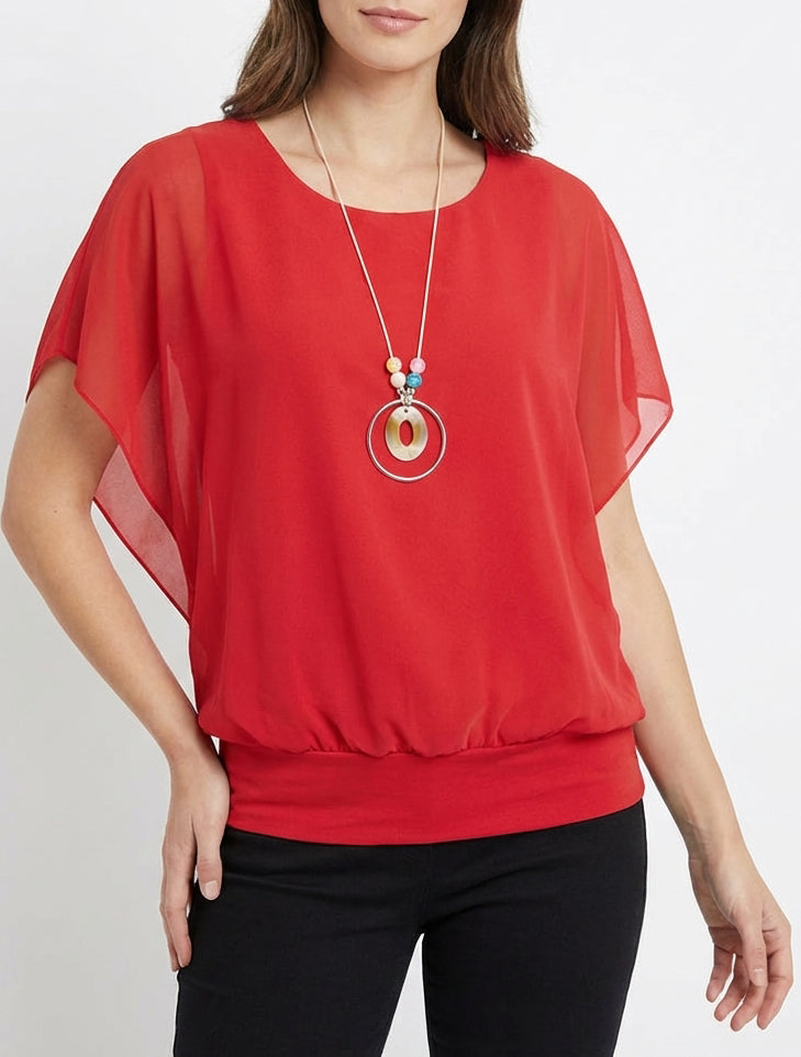 Top fluide col rond chauve-souris - Rouge