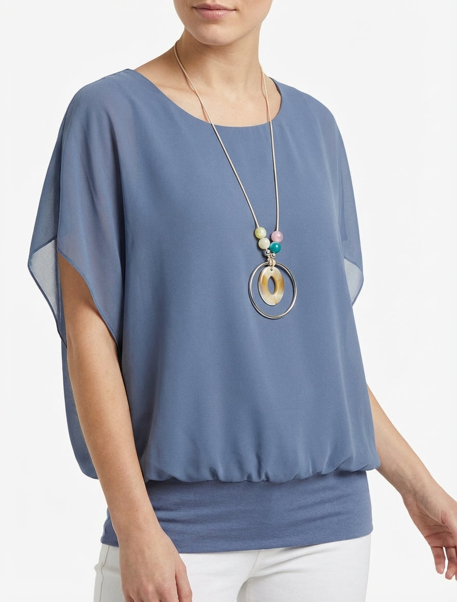 Top boule col rond manches chauve-souris - Bleu gris