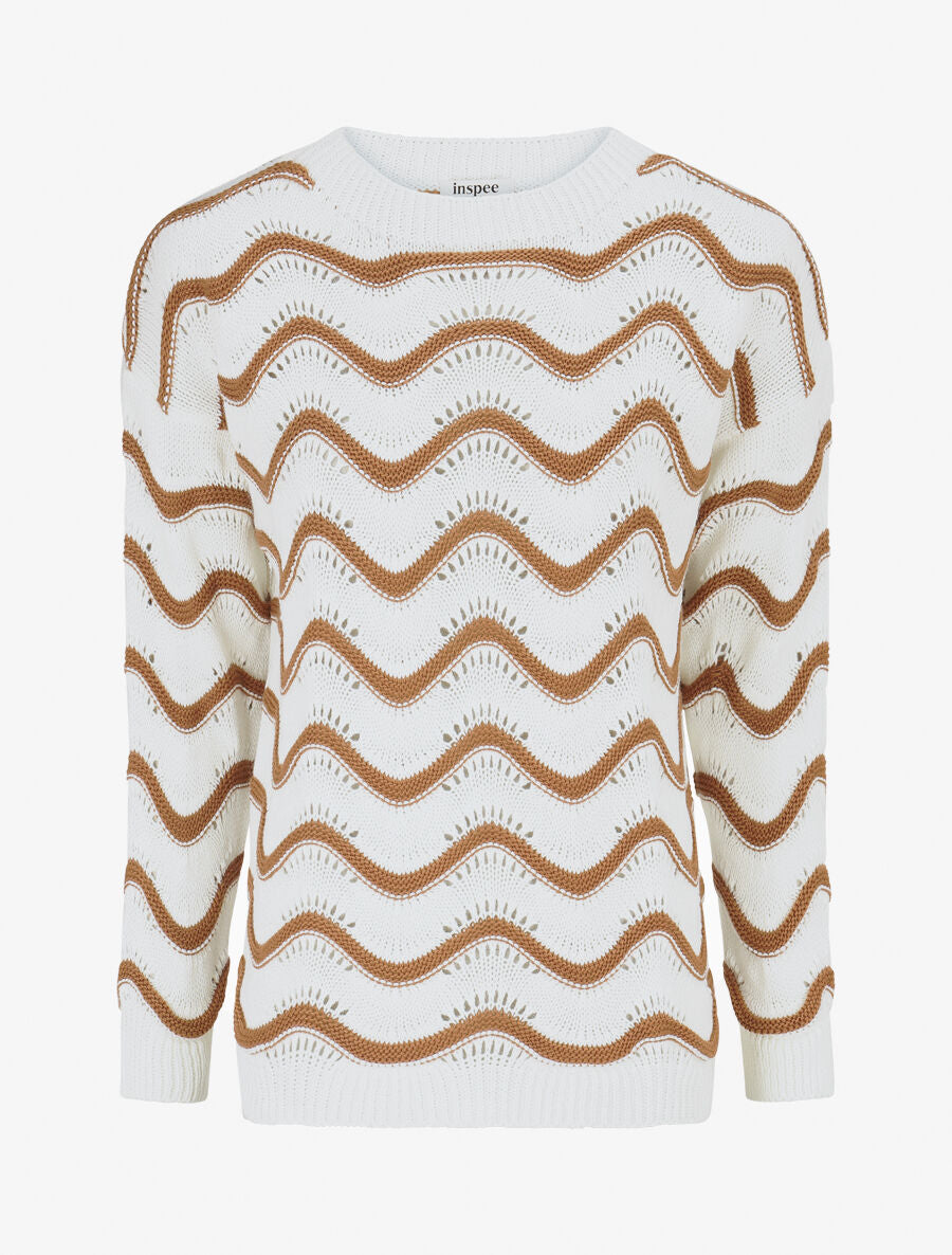 Pull ajouré en maille à vagues - Camel - 1