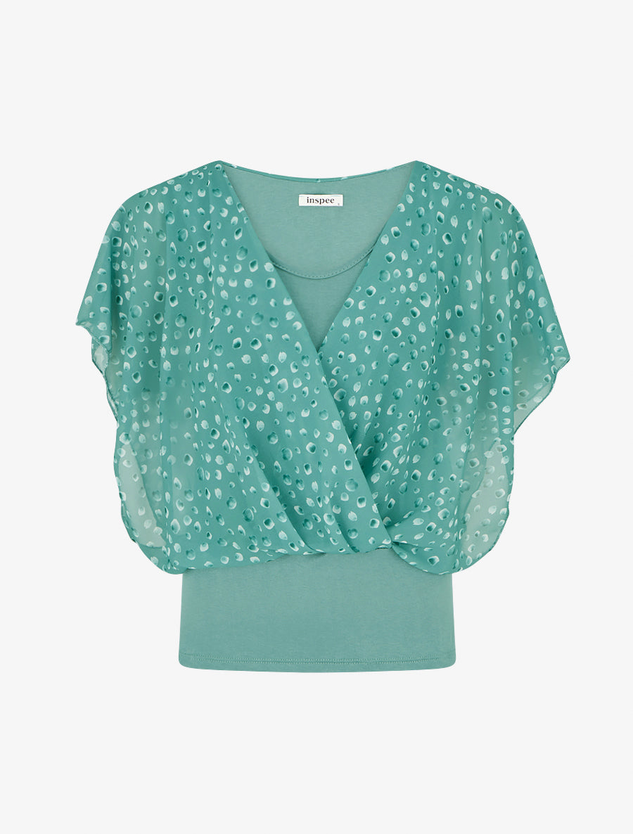 Top imprimé petits ronds à manches volantées - Vert - 1