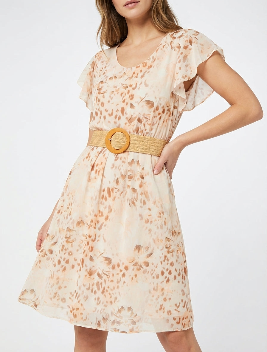 Robe fluide col V imprimé léopard - Camel
