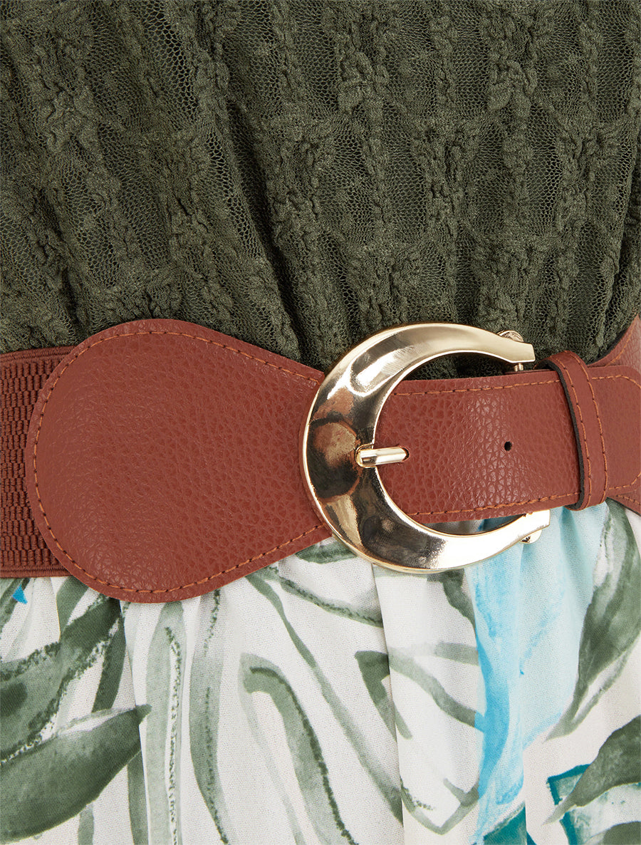 Robe longue à imprimé tropical et bretelles simili - Kaki - 3