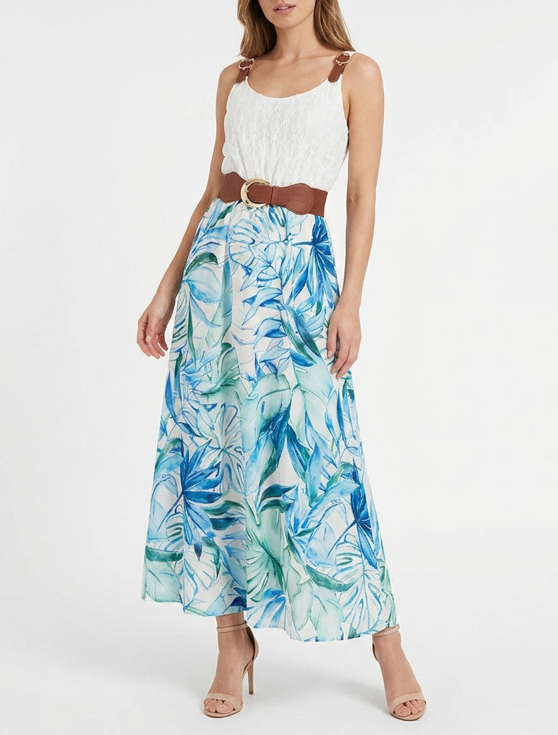 Robe longue à dentelle et ceinture - Bleu