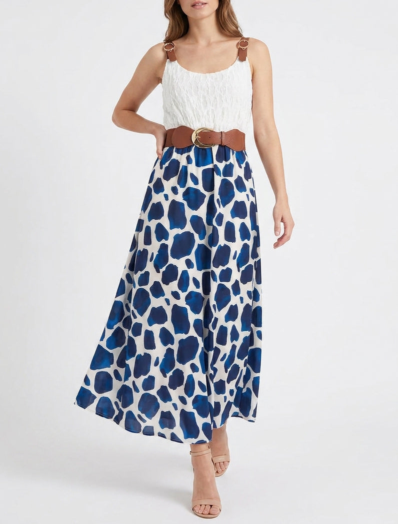 Robe longue ceinturée imprimé girafe - Marine