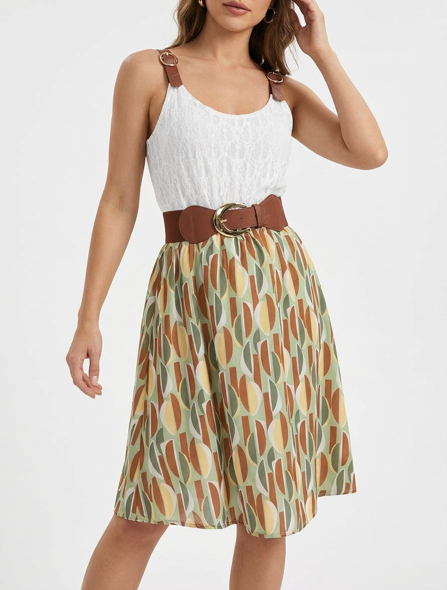 Robe mi-longue buste dentelle et taille élastiquée - Kaki